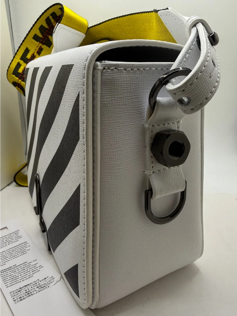Off-White Inspired White & Black Diagonal Stripe Crossbody Bag with Yellow Strap